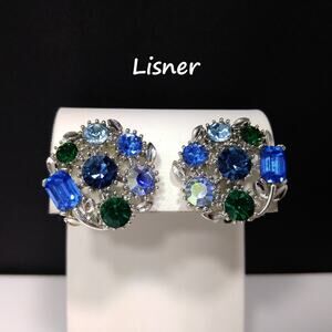 Lisner Blue & Green Rhinestone Clip Earrings – Vintage 1960s